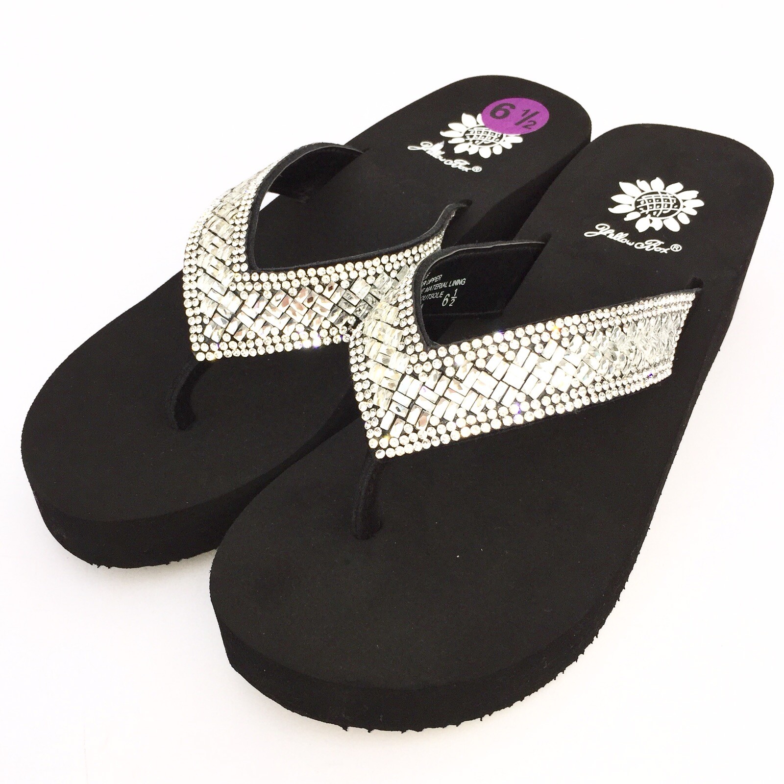 Yellow Box Flip Flops Sydnee Sparkle Clear Rhinestone Basketweave Wedge Sandals