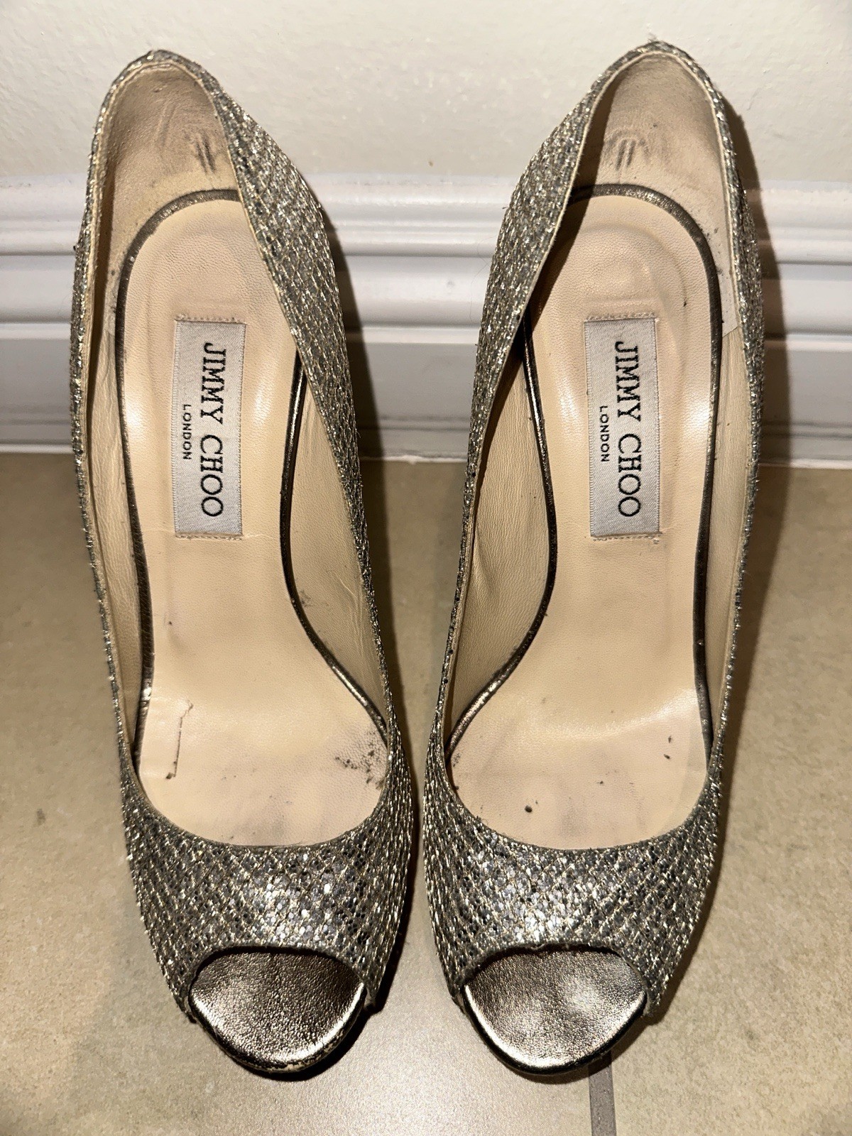 JIMMY CHOO SILVER GOLD SPARKLY PLATFORM Peep Toe HEELS 36.5