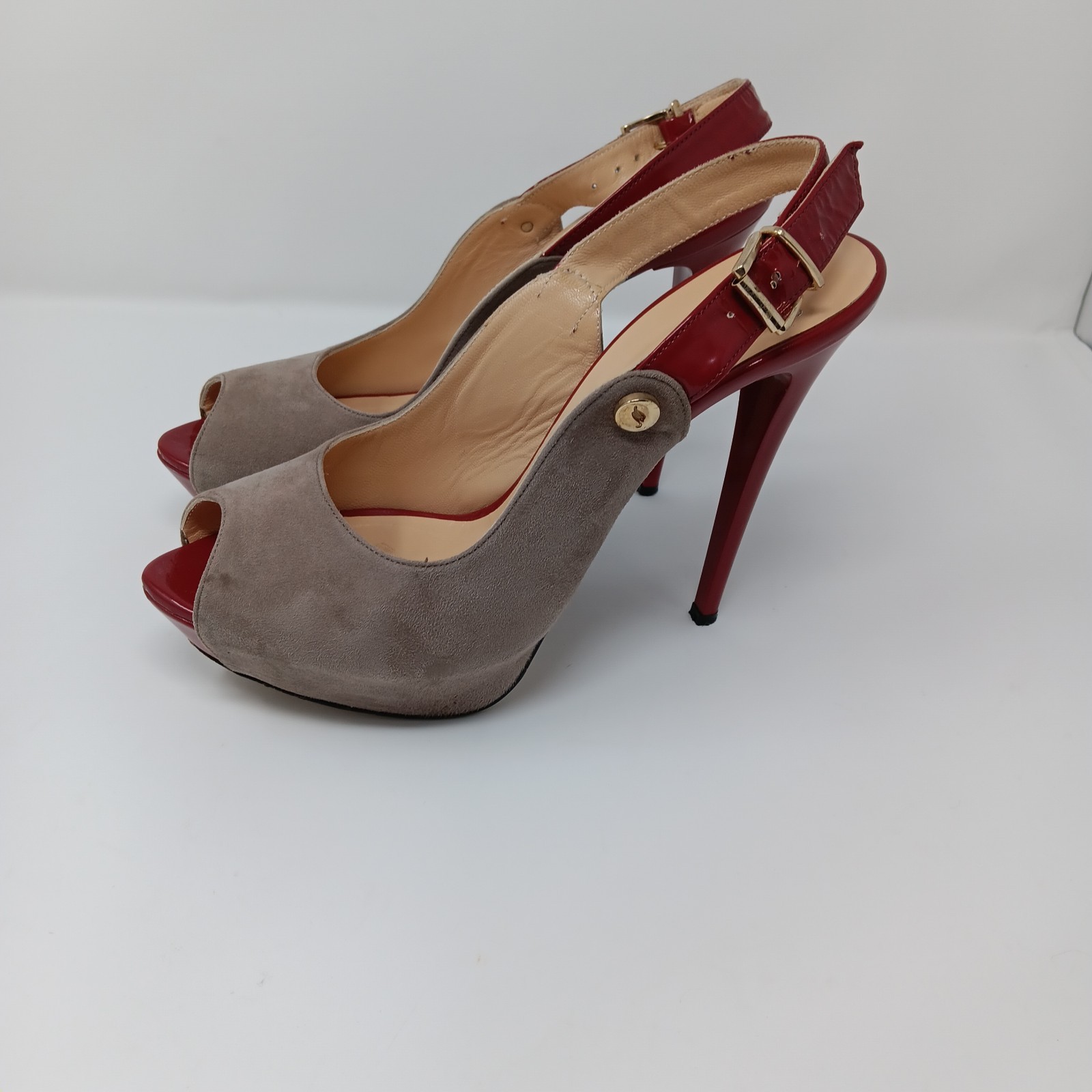 Mario Muzi Suede Red Patent Platform Slingback Peep Toe 5in Heels EU 40 US 9 9.5