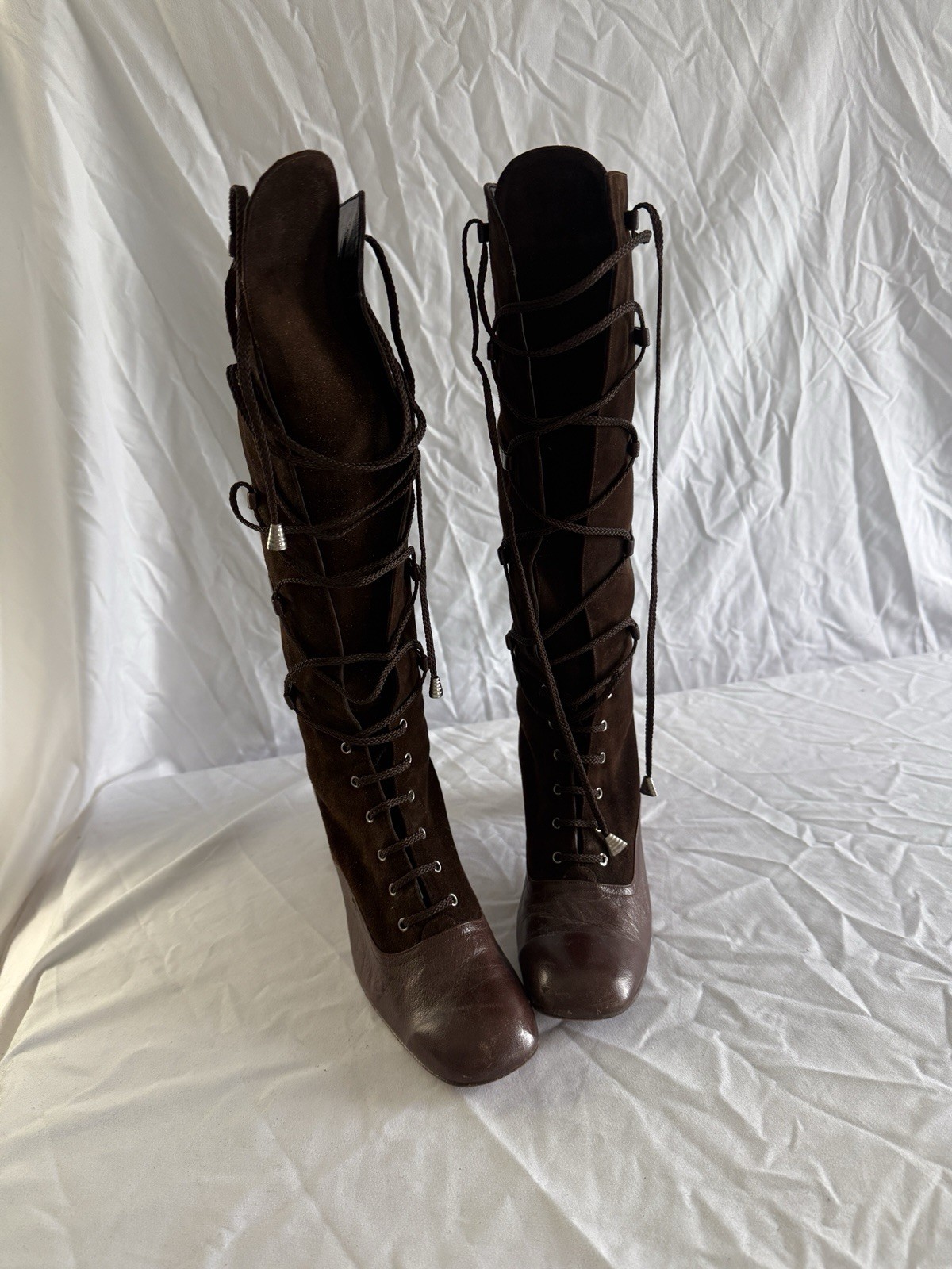 Ultima Women’s Brown Leather Knee High Riding Boots Lace Up Round Toe Size 7.5