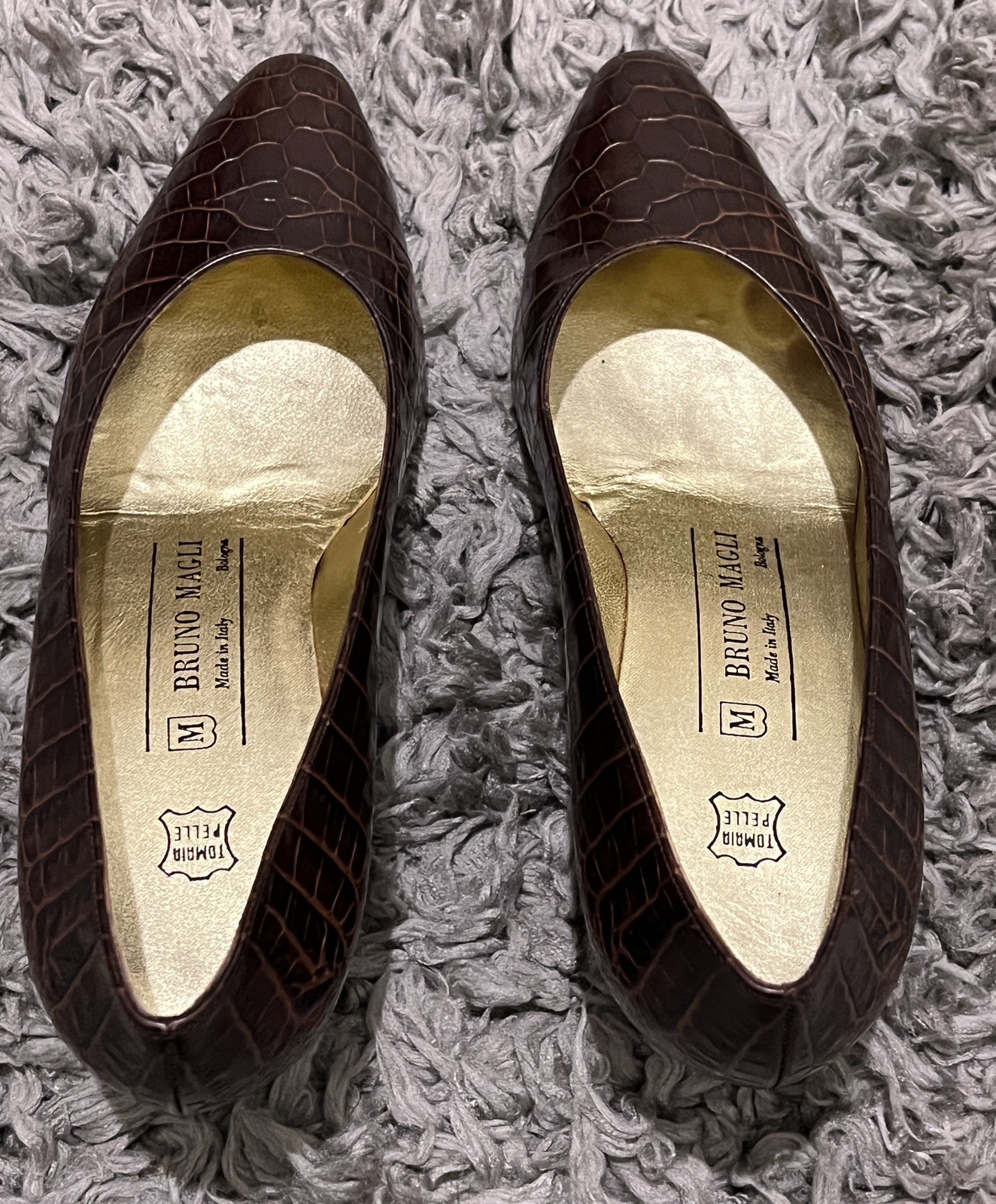 Vintage Bruno Magli Women Pumps Brown Embossed Reptile Print 2.5 In Heel Size 7