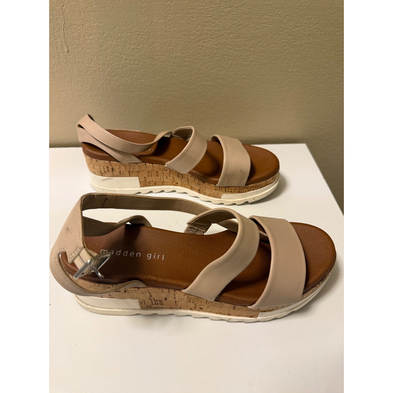 Madden Girl Beige Strappy Platform Cork Wedge Sandals White Lug Sole