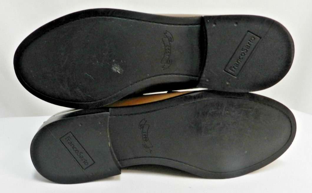 Franco Sarto Akron Size 9 brown patent leather loafers slides w/ gold Chain Link