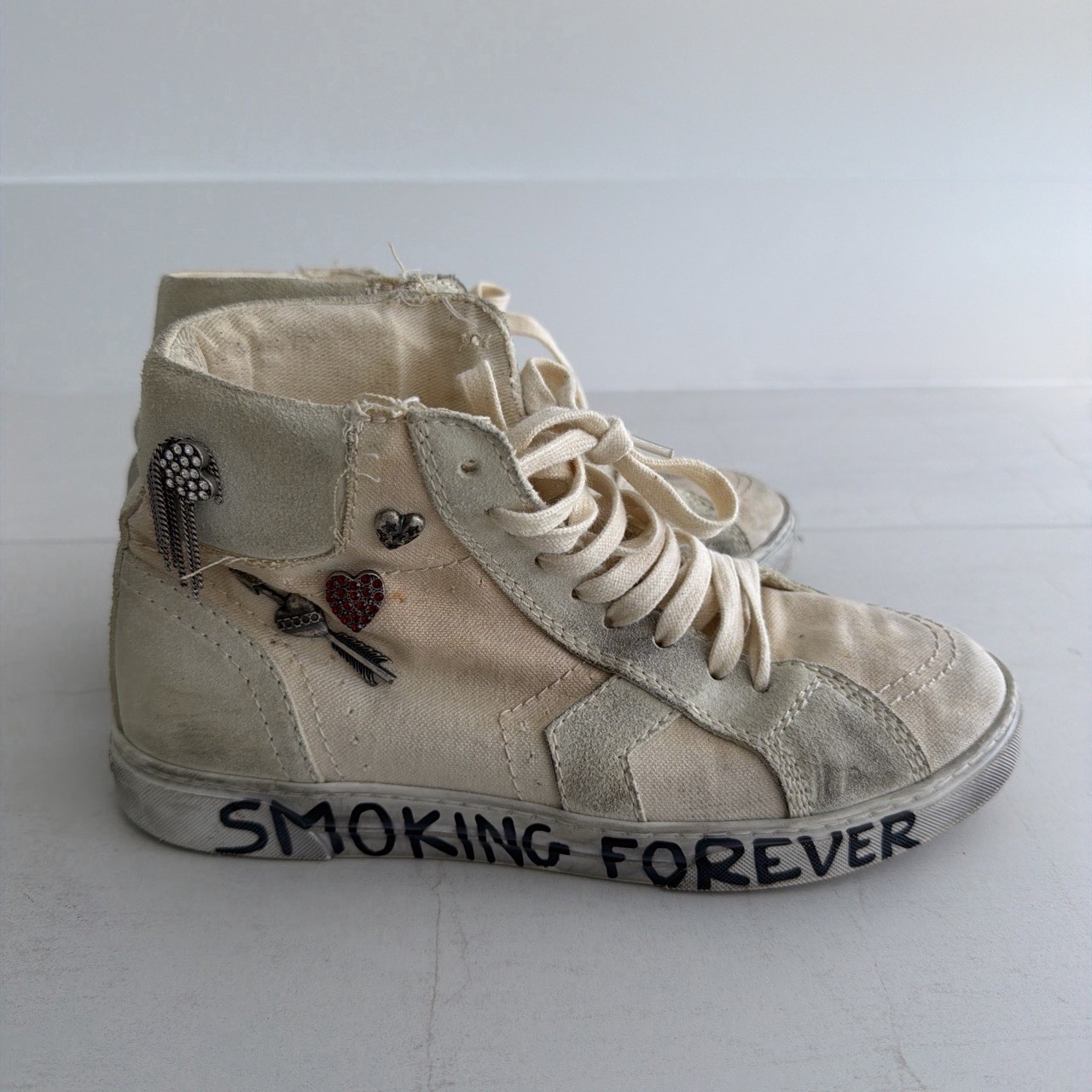 Saint Laurent Smoking Forever High Top Distressed Canvas / Suede Sneakers 39