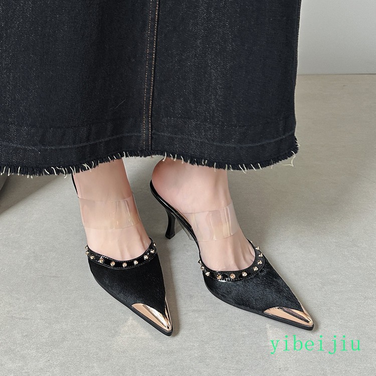 Women‘s Mid Heel Leather Horse Hair Mules Striped Leopard Rivets Dressy Slippers