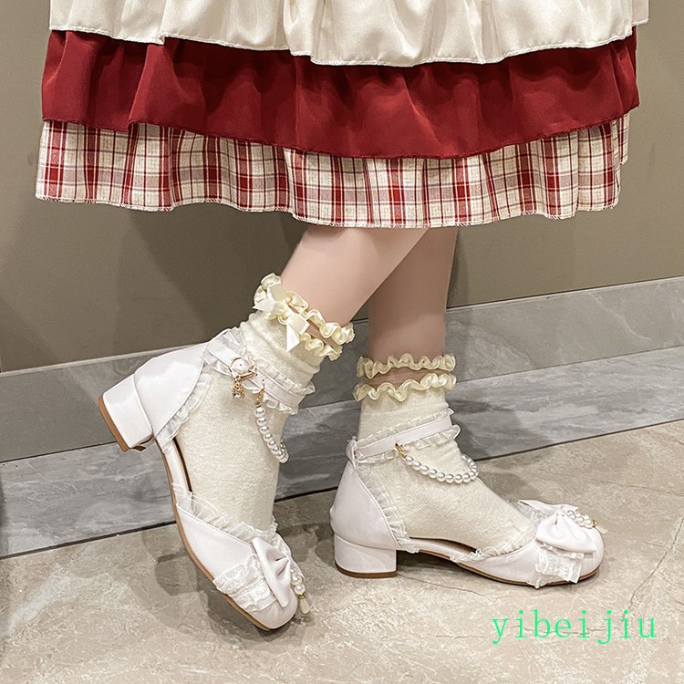 Women Girl Low Heel Lolita Mary Jane Wedding Party Beads Bowknot Party Shoes New