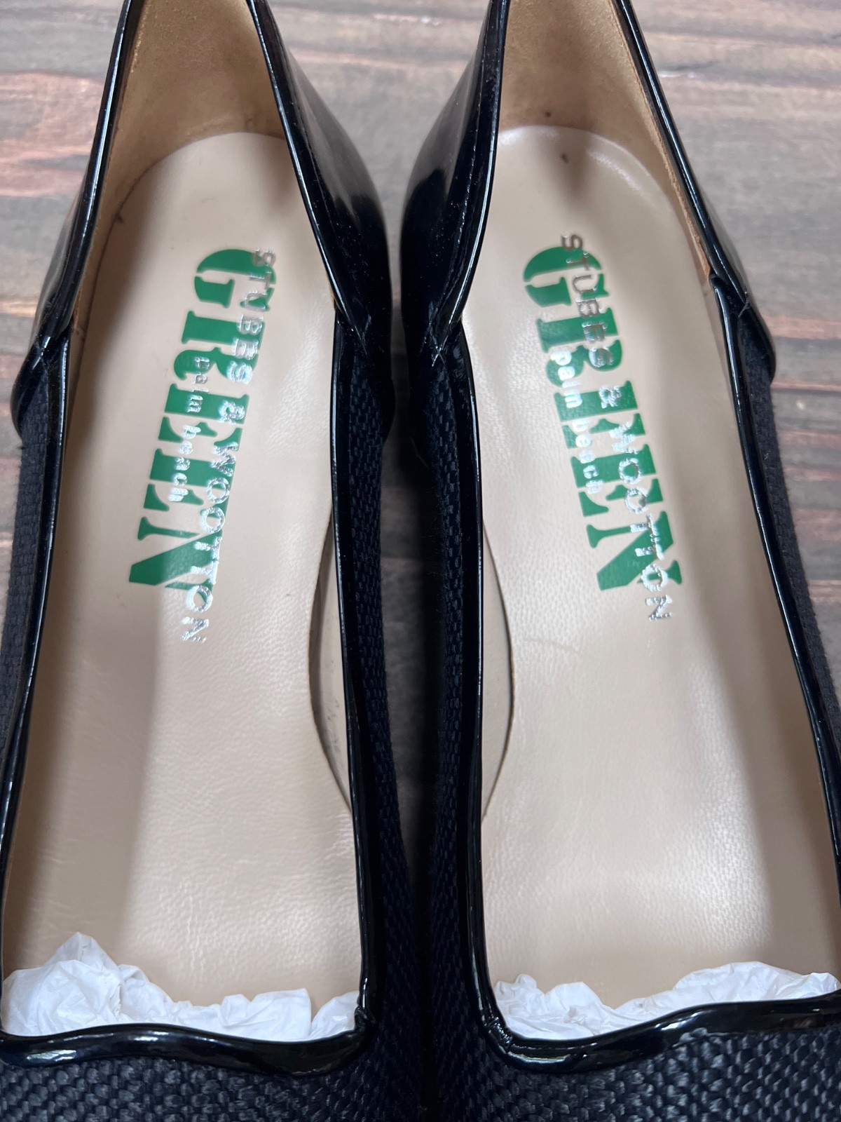 Stubbs and Wootton Eco Friendly Green Line Raffia and Patent Shoes, size 9, NEW