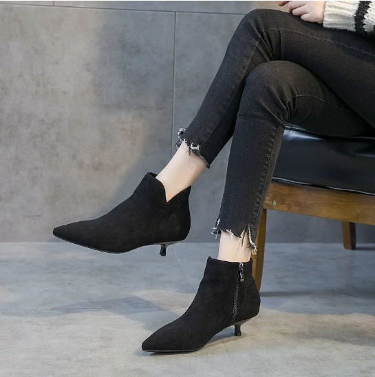Women Ankle Boots Pointy Toe Fashion Kitten Heels Shoes Party Side Zipper Casual