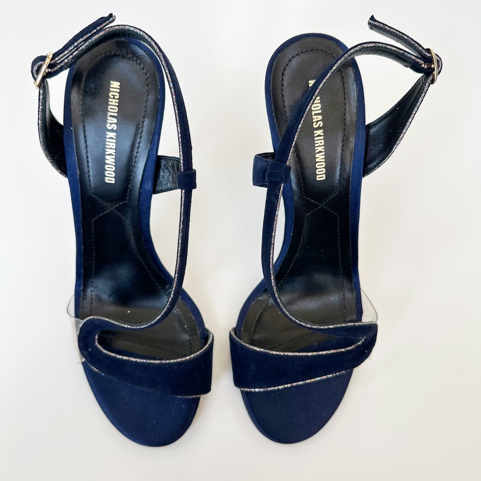 Nicholas Kirkwood Sandals Heels Navy Blue Suede Slingback Glitter Trim PVC 36