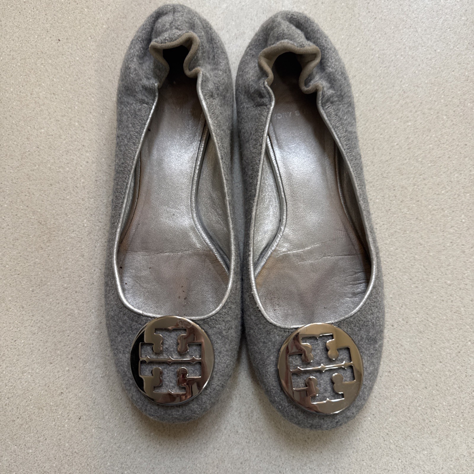 Tory Burch REVA Flannel Grey Silver Ballerina Ballet Flat Shoes Silver 7.5
