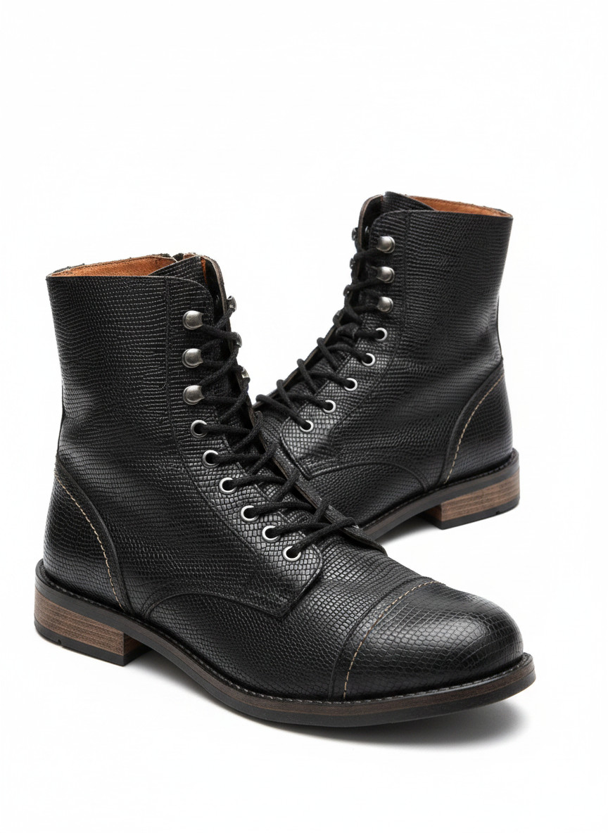 Mam’Zelle Women’s 39 Black Embossed Leather Lace-Up Side Zip Ankle Boots