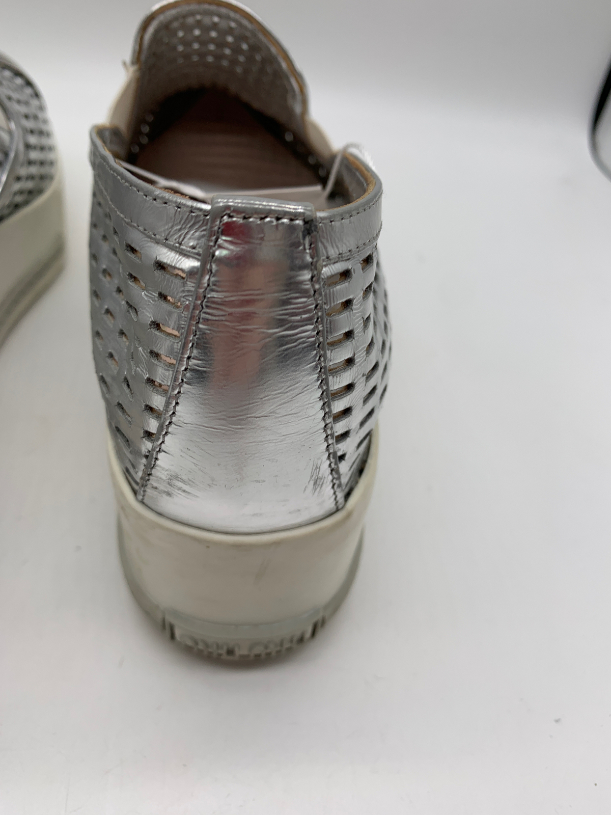 Miu Miu Silver Perforated Metallic Cap Toe Platform Slip On Sneakers sz 38.5