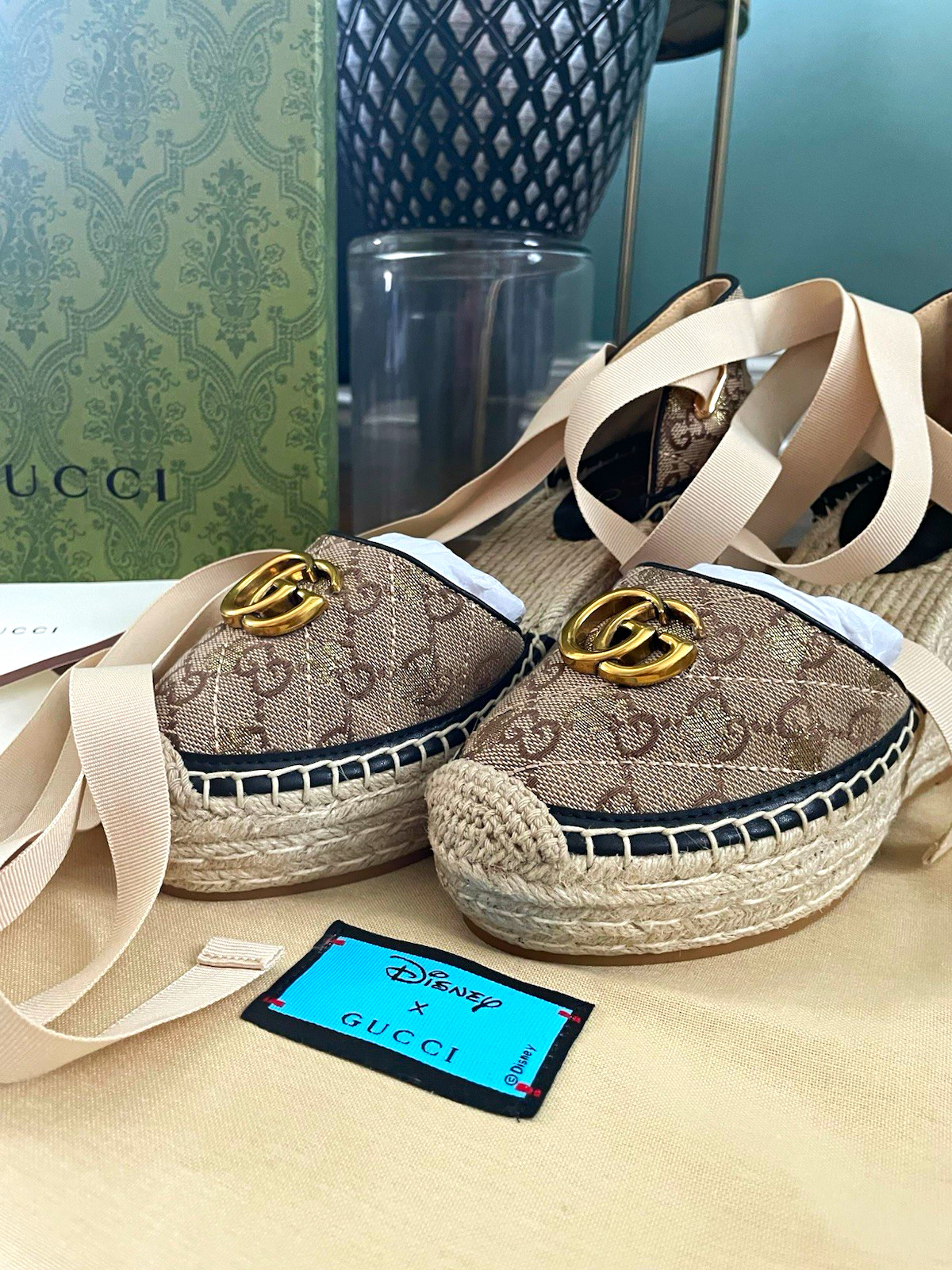 Gucci Disney Women’s Suede GG Logo Espadrille Wedge Sandals Tie, US 10