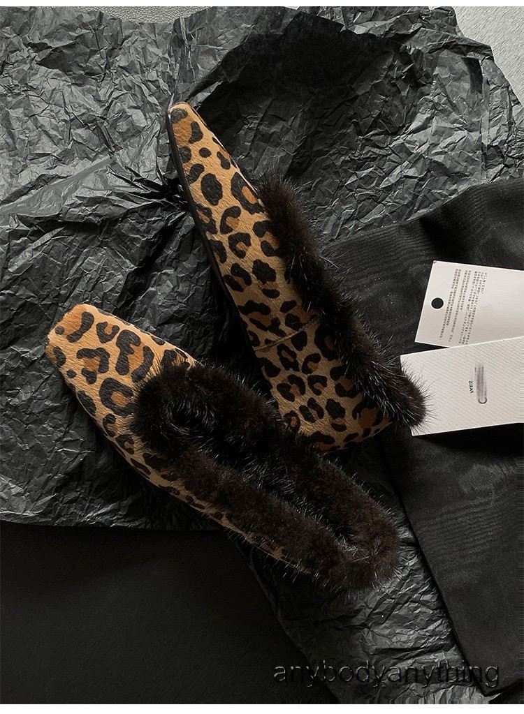 Women Square Toe Real Leather Leopard Print Mink Fur 3.5cm Low Hidden Heel Shoes