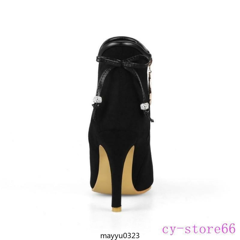 Women‘s Ankle Boots Bowtie High Stiletto Heel Pointy Toe Suede Shoes Plus Sz