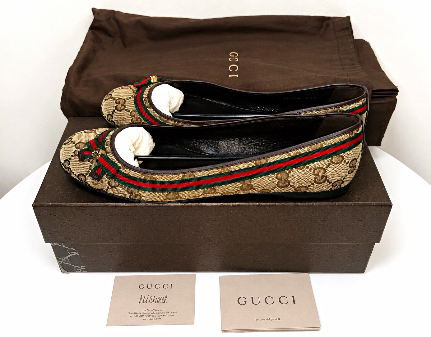 Gucci Women’s Beige Brown GG Canvas Web Bow Round Toe Slip-On Flats US 10 M