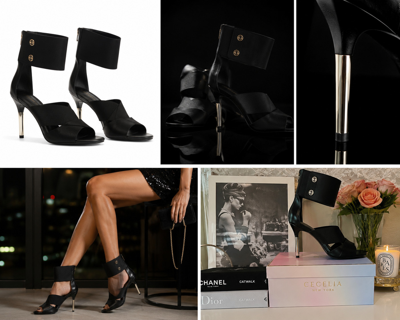 Cecelia New York “Mirror” Black Heeled Sandals Size 9.5M Leather Ankle Cuff