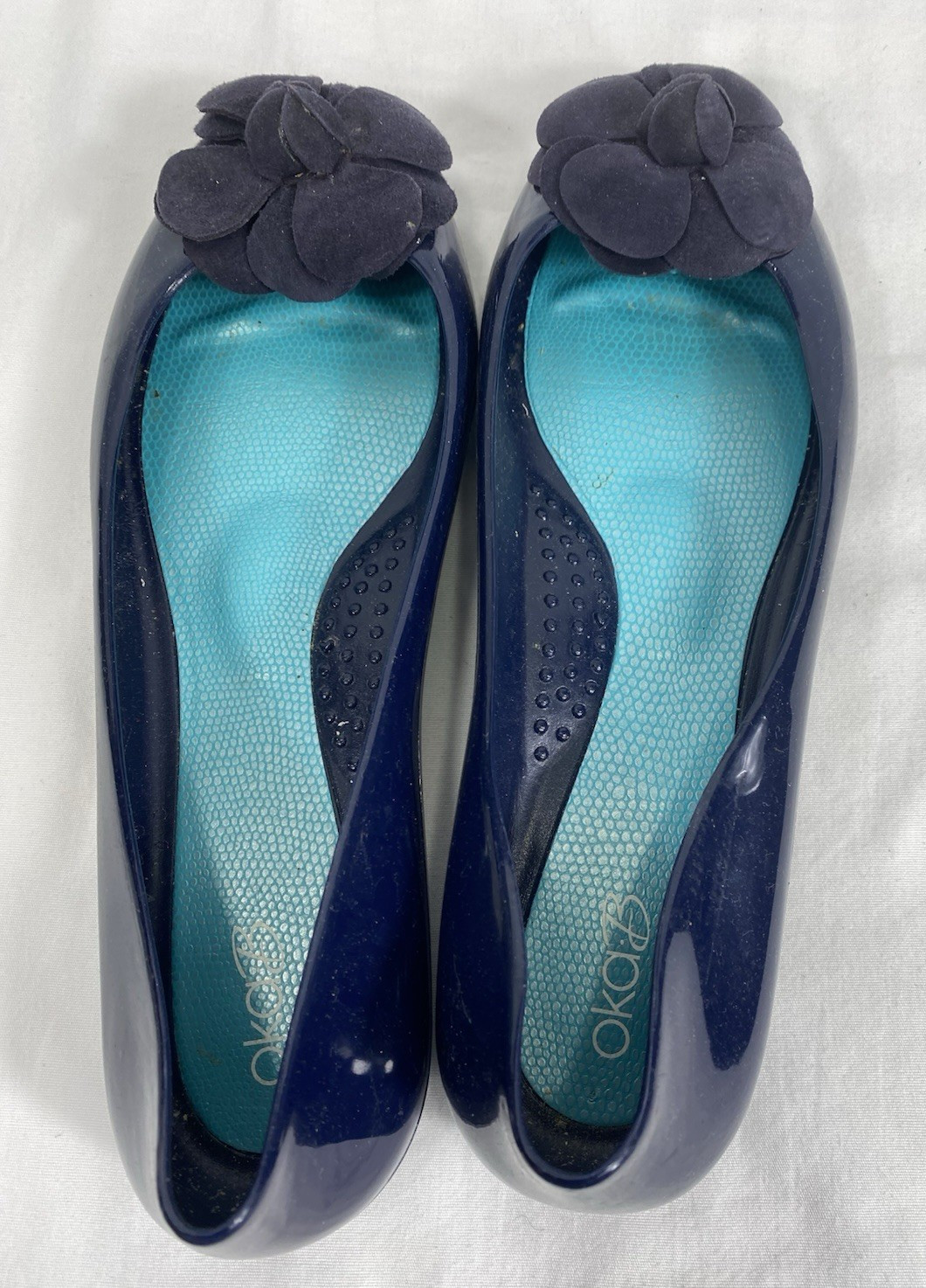 Oka B Flats Women Size 8 Jelly Shiny Blue With Flower Ballet Slip On Rubber