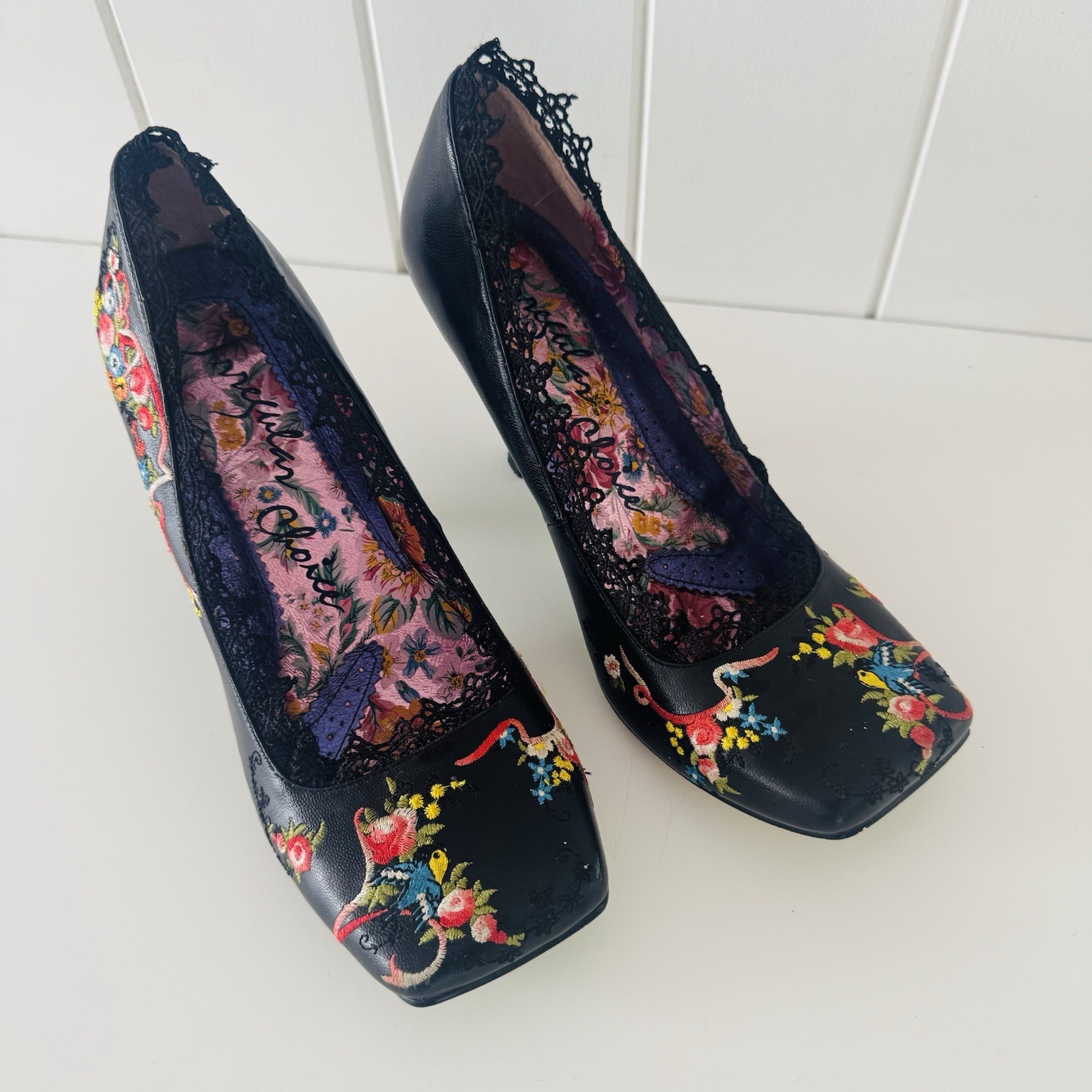 Irregular Choice Leather Heels Size 38 7 Black Floral Bird Embroidered Lace Trim