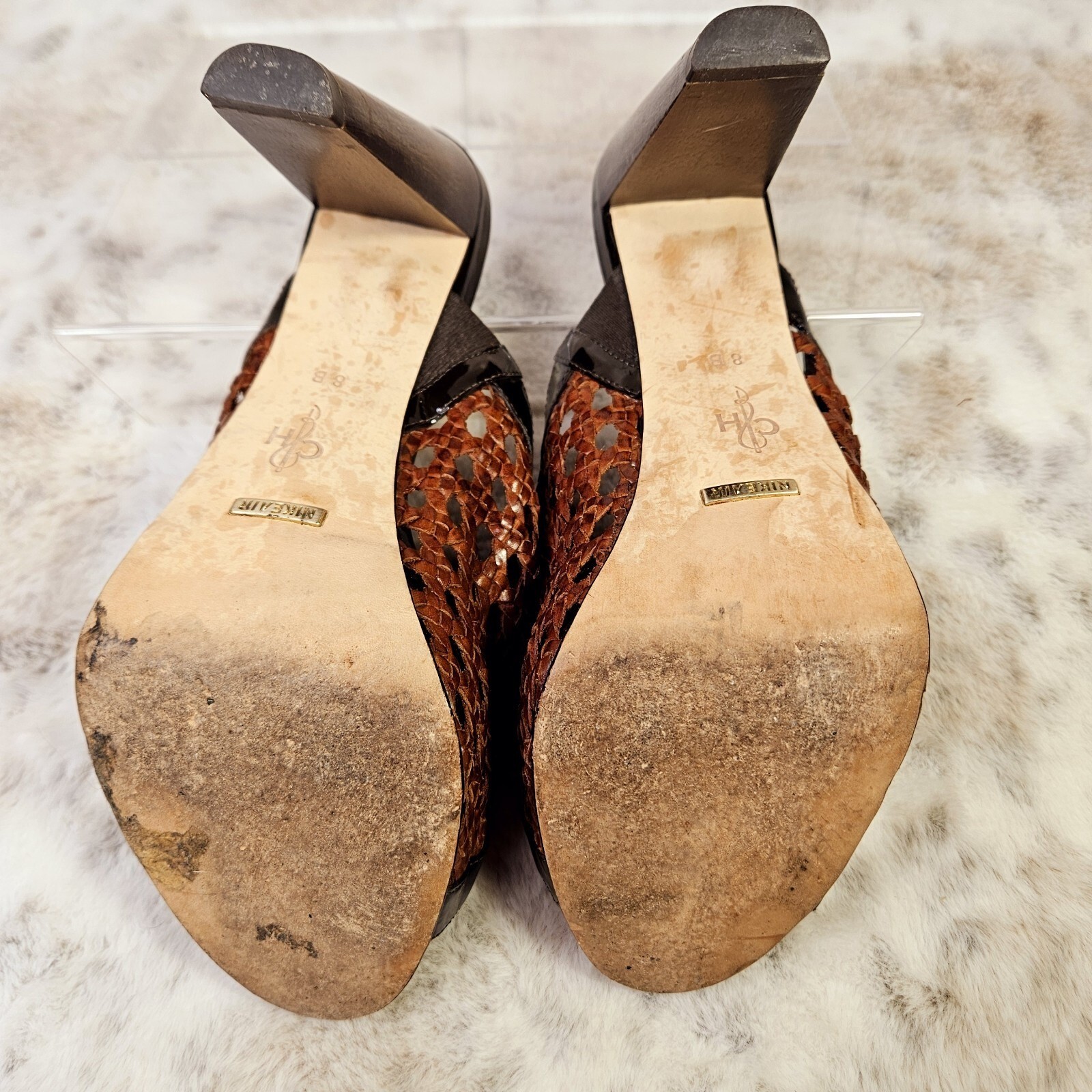 Cole Haan Women’s Brown Leather Woven High Heels Peep Toe 4.25″ Wood Heel D33775