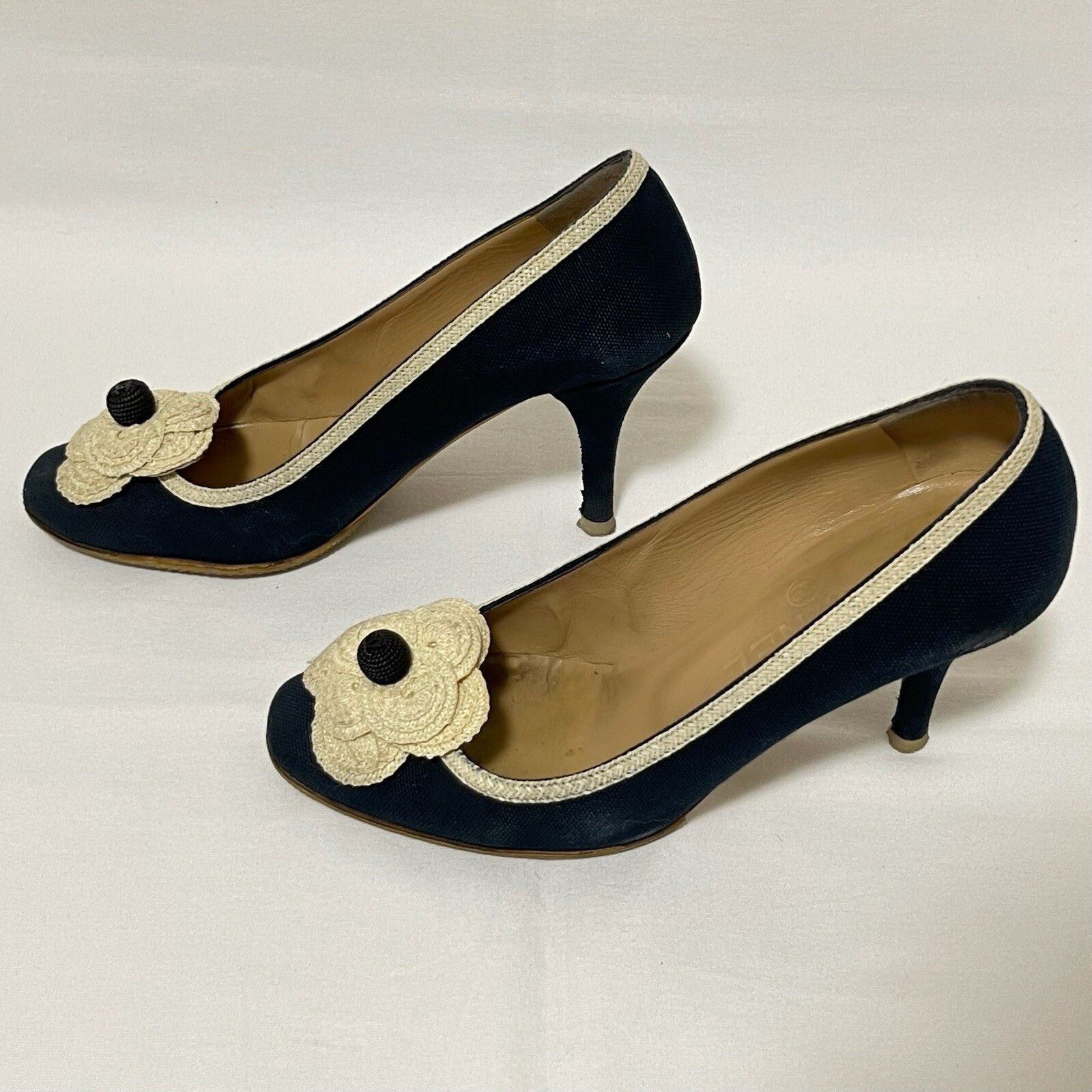 Chanel Camellia Heel Sandals Shoes Size 35 Navy Coco mark Pumps Auth Elegant CC