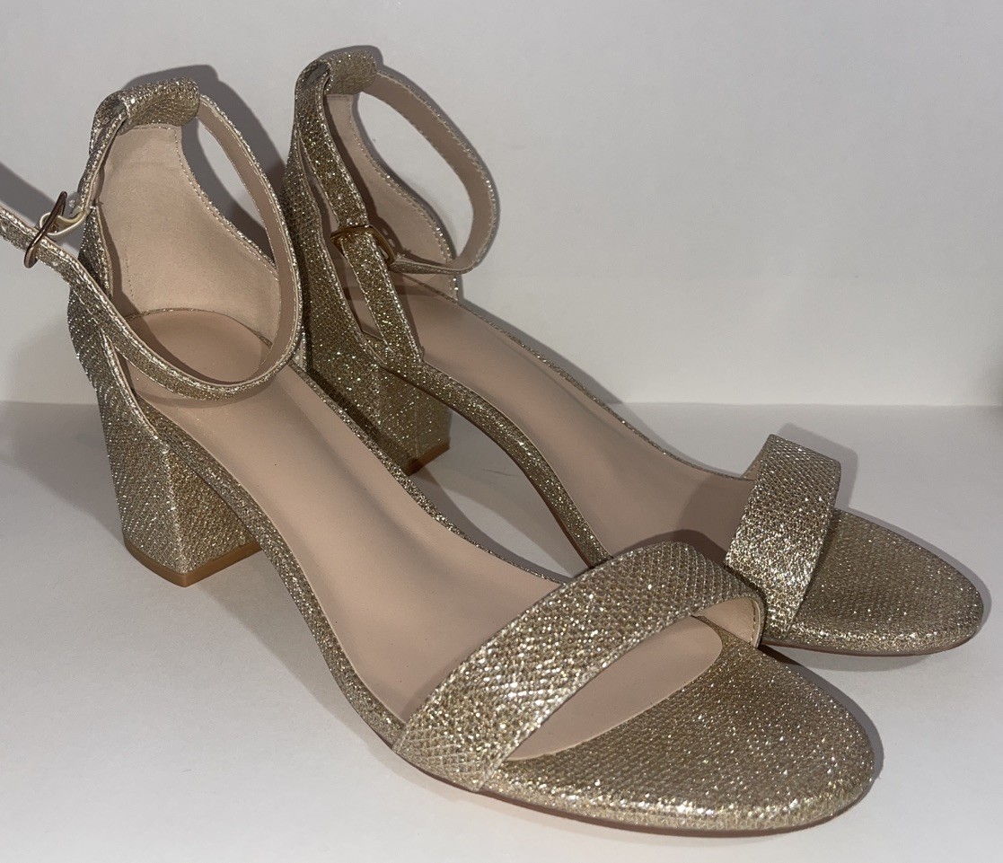 Azazie Gold Glitter Block Heel Sandals Size 38 Prom Wedding Formal Heel US 7.5/8