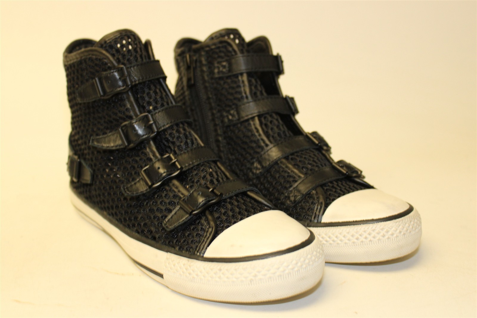 ASH Vanessa High Top Sneaker Women Size 7 38 Black Mesh Buckled Fashion Shoes