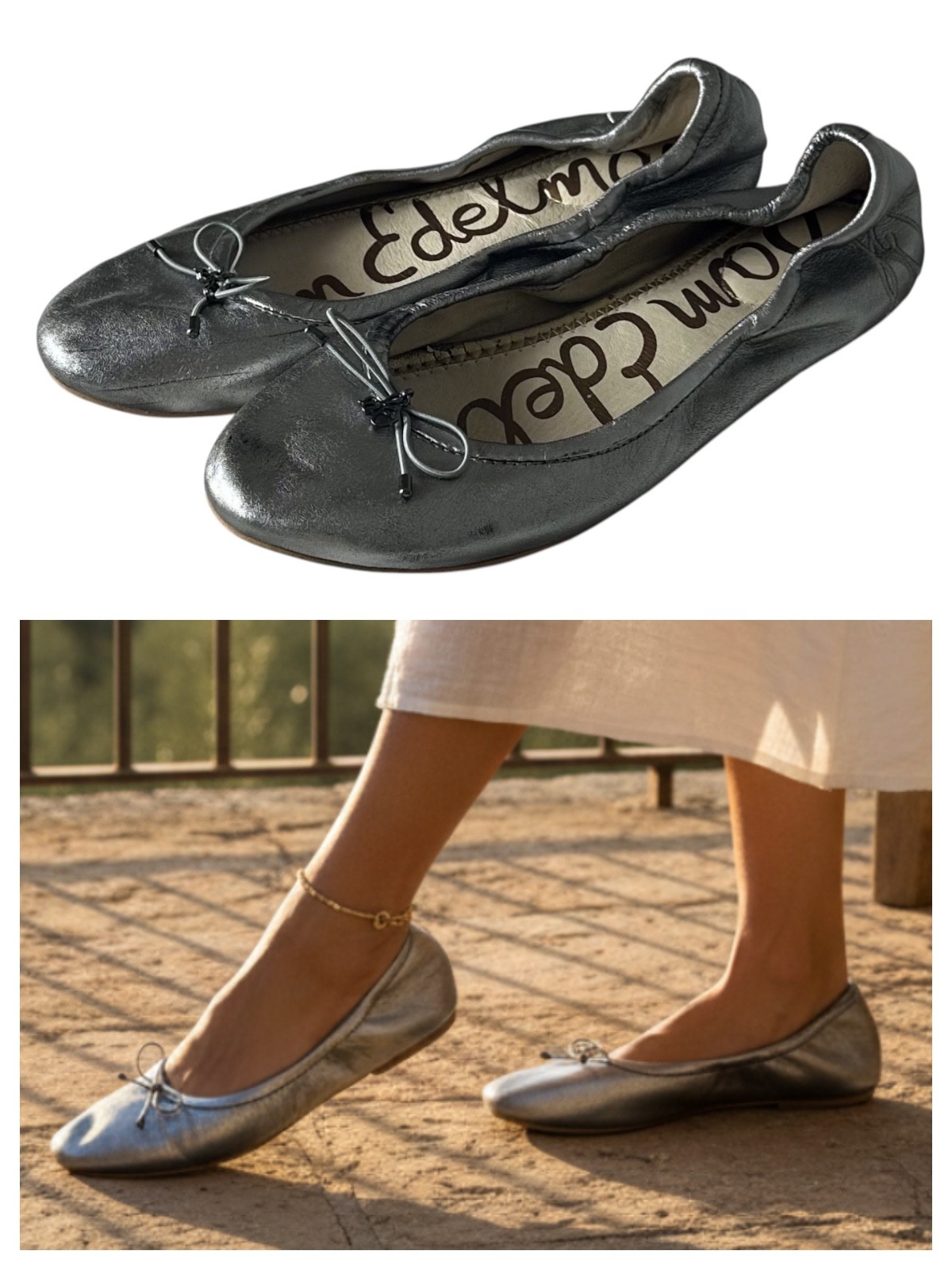 Sam Edelman Felicia Ballet Flats Shoes Sz 8.5 Silver Gray Leather Bow Old Money