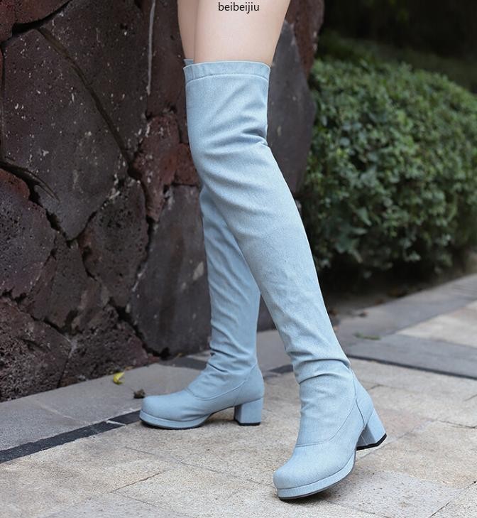 Womens Cowboy Over The Knee High Boots Denim Jean Round Toe Mid Block Heel Shoes
