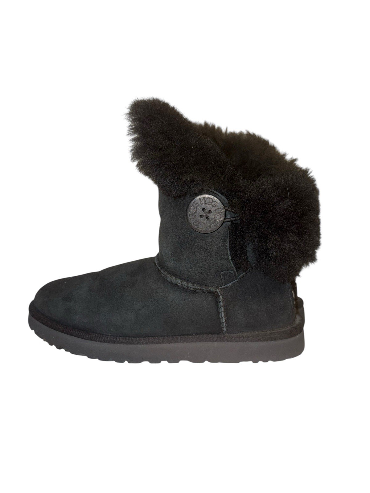 UGG Australia Mini Bailey Button II Logo Sheepskin Boots Black Women’s Sz 7