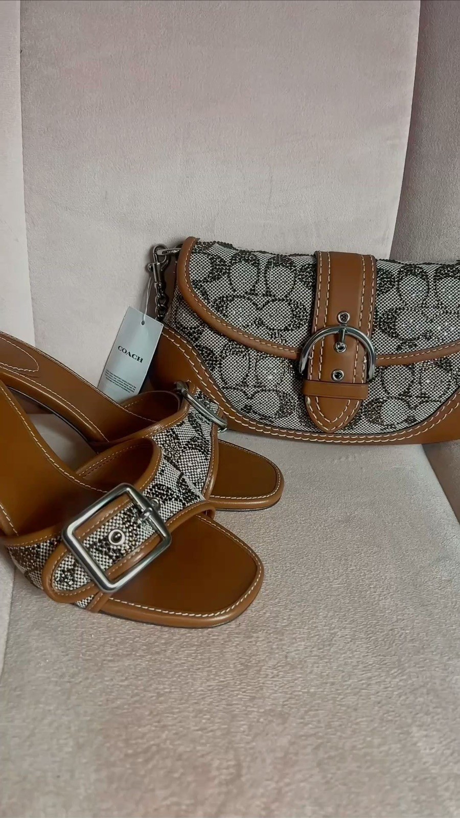 Coach jacquard margot crystal tans and white kitten heels