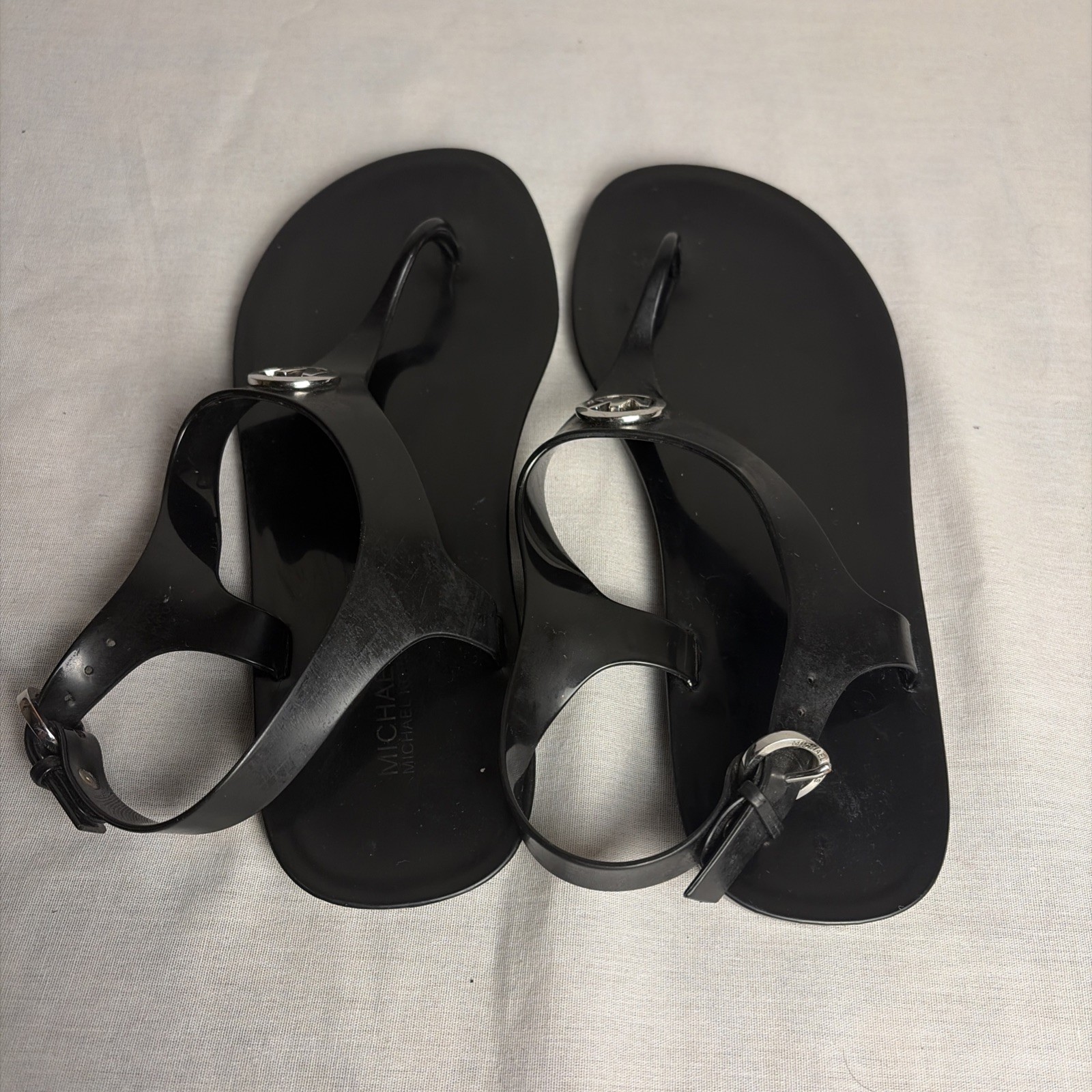 Michael Kors MK Plate Jelly Sandals Black PVC Thong Slingback Women’s Size 8