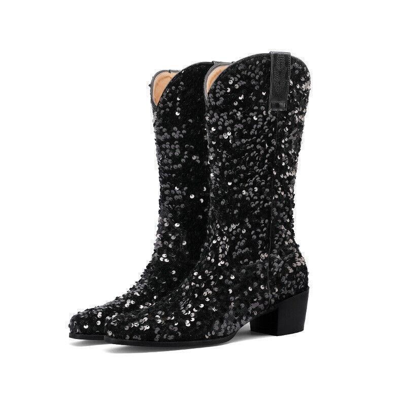 Fashion Women’s Gitter Sequins Pull On Mid Calf Boots Party Formal Casual Shoes