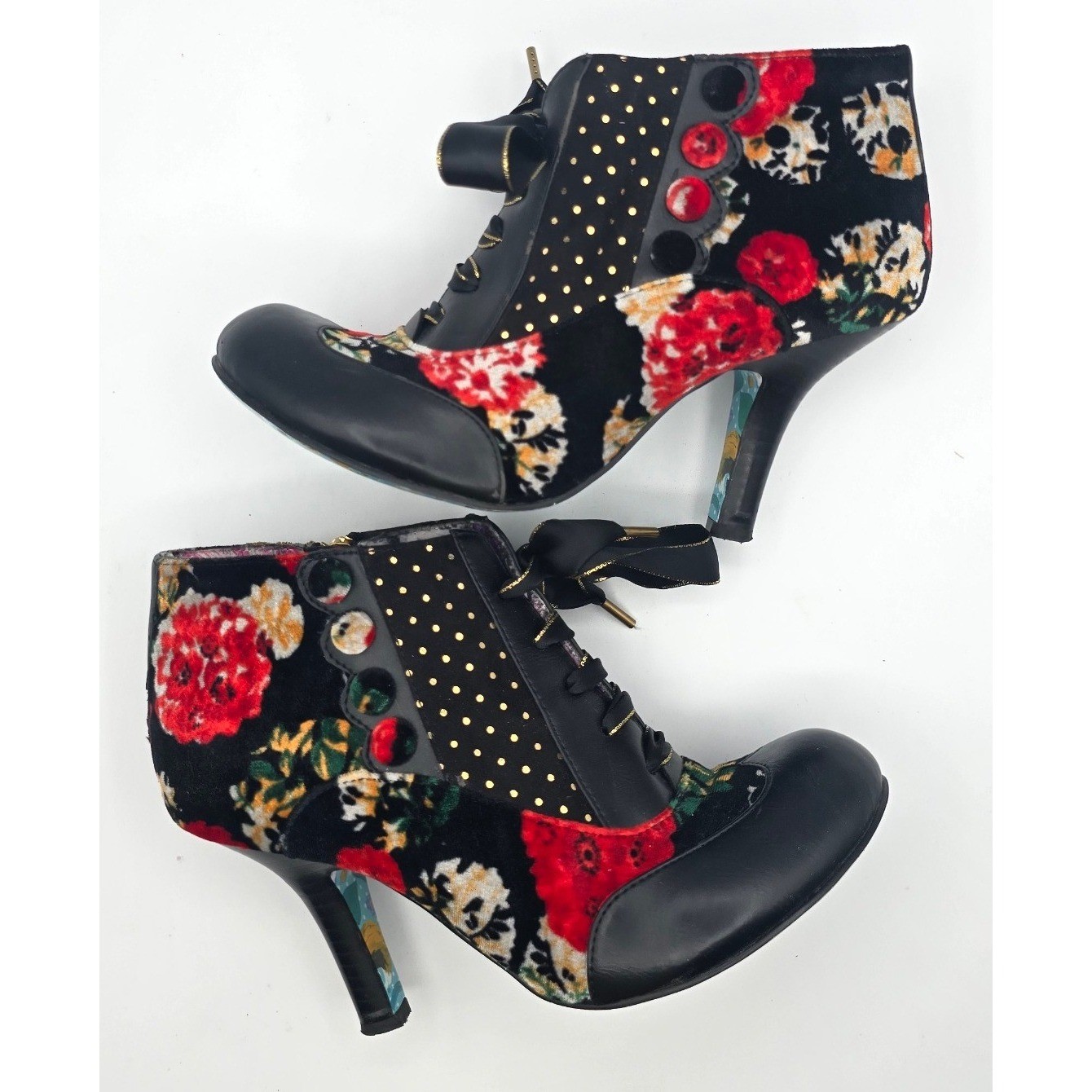 Irregular Choice Floral Velvet Ribbon Lace Ankle Boots Gold Polka Dot EU40 US 9