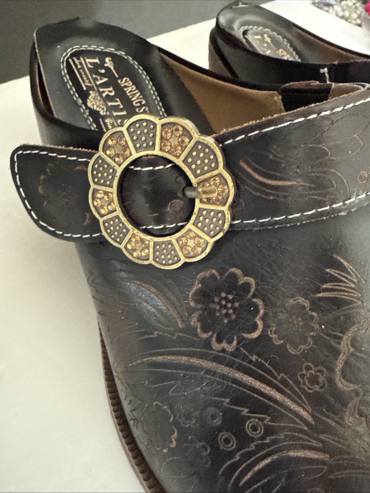 L’Artiste Spring Step Brown Hand Painted Floral Leather Clog Mule Size 42/US 11