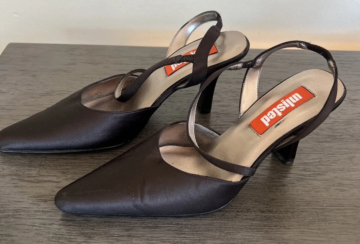 UNLISTED by KENNETH COLE Black Satin SLINGBACK HEELS Size Not Marked 7 to 7 1/2