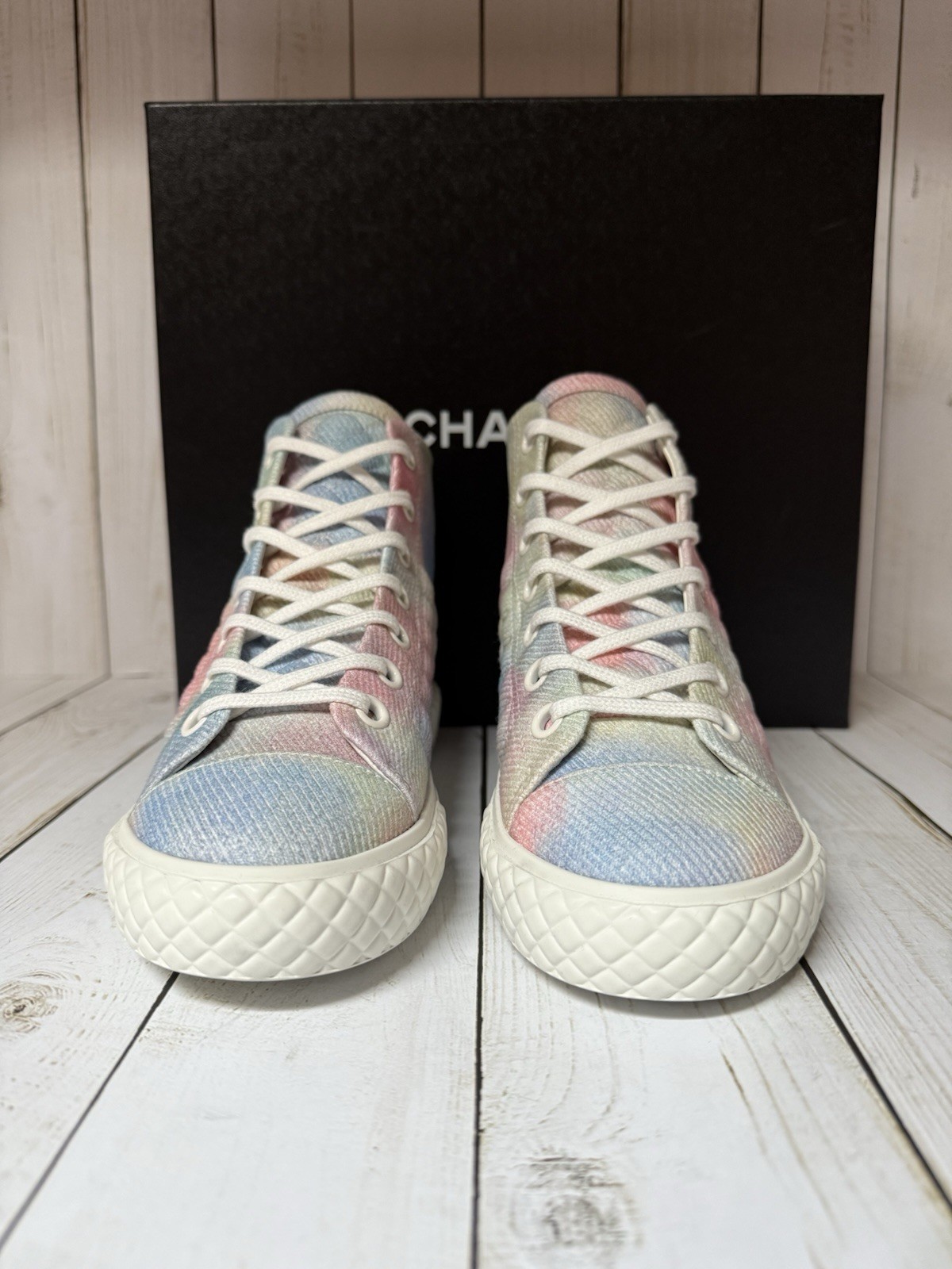 CHANEL Printed Fabric Quilted High Top Sneakers Green Pink Blue Sz 36 / 6