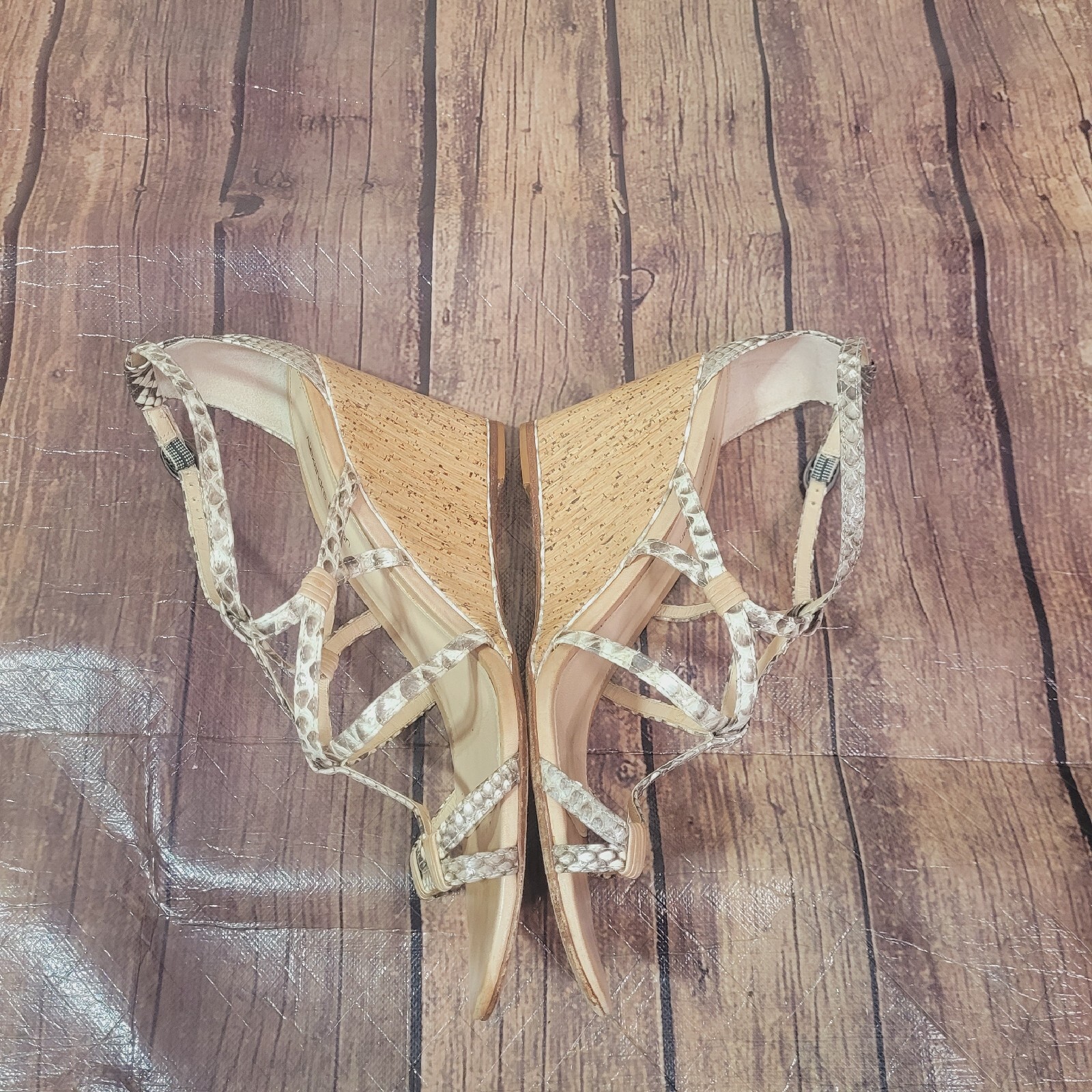 Alexandre Birman Womens Heels Beige 10 Strappy Wedge Snakeskin 3.25″ Heel Buckle
