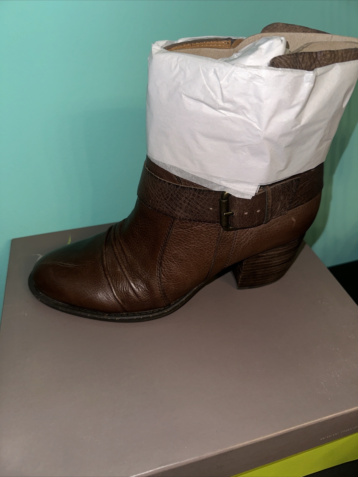 Naya Women’s Virtue Boot Size 10 Block Heel Rouched Brown Leather Buckles Boho