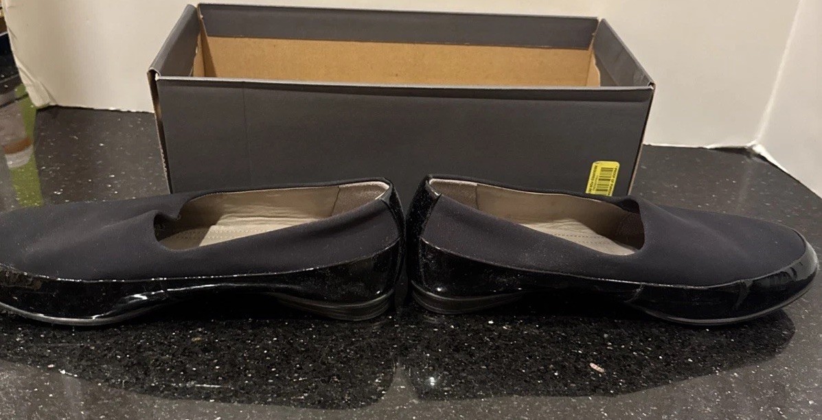 ECCO Touch Ballerina BLACK PATENT LEATHER STRETCHY FABRIC FLATS Slip Ons 7-7.5