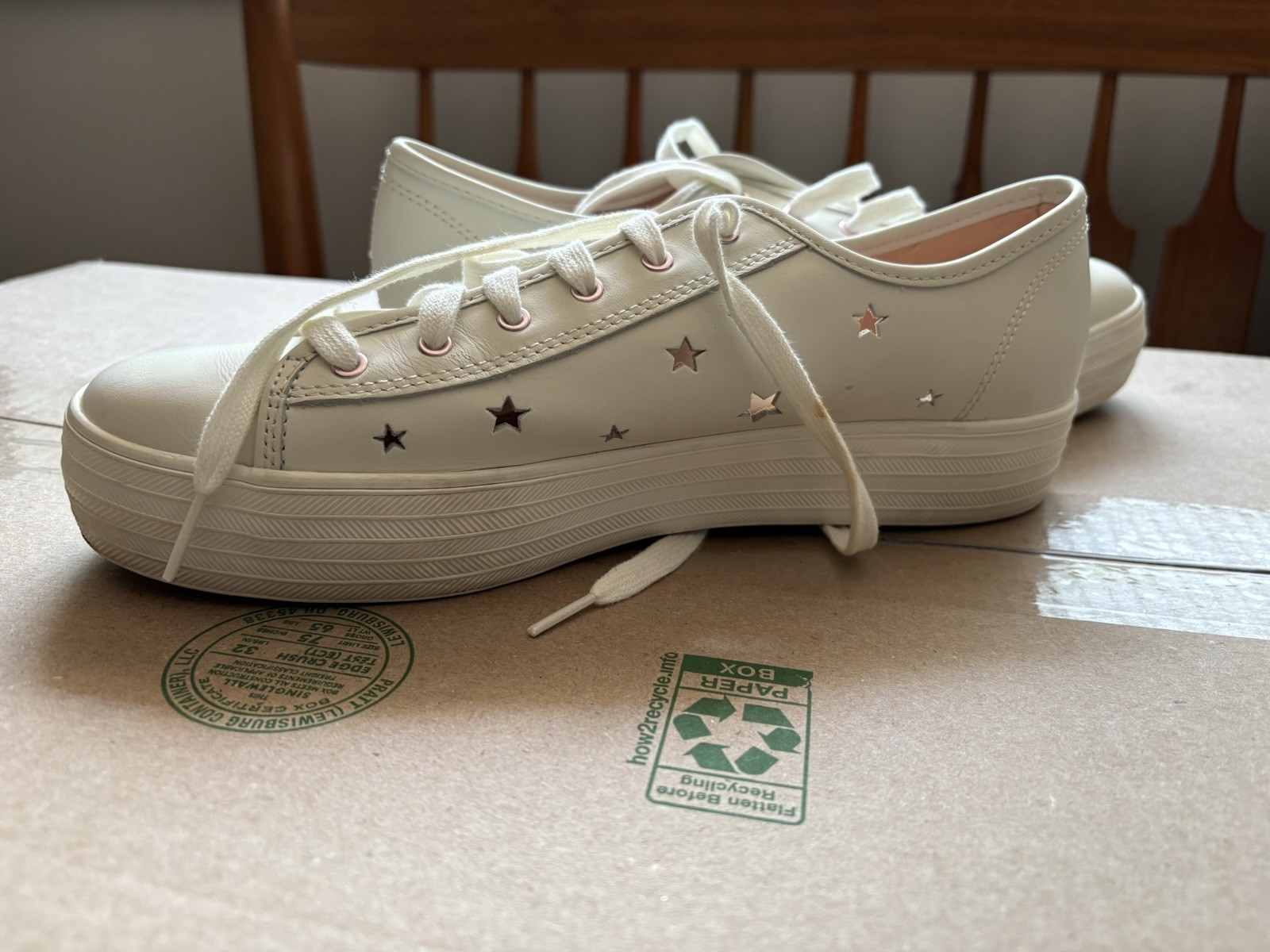Keds Women’s Off-White Leather Low Top Triple Decker Sneakers w/ Star Cut Outs