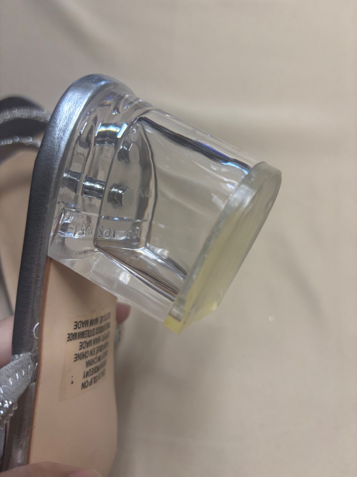 JustFab Block Heel Women’s Silver Chloe Slip On Strap Beaded Clear Sz 10 READ