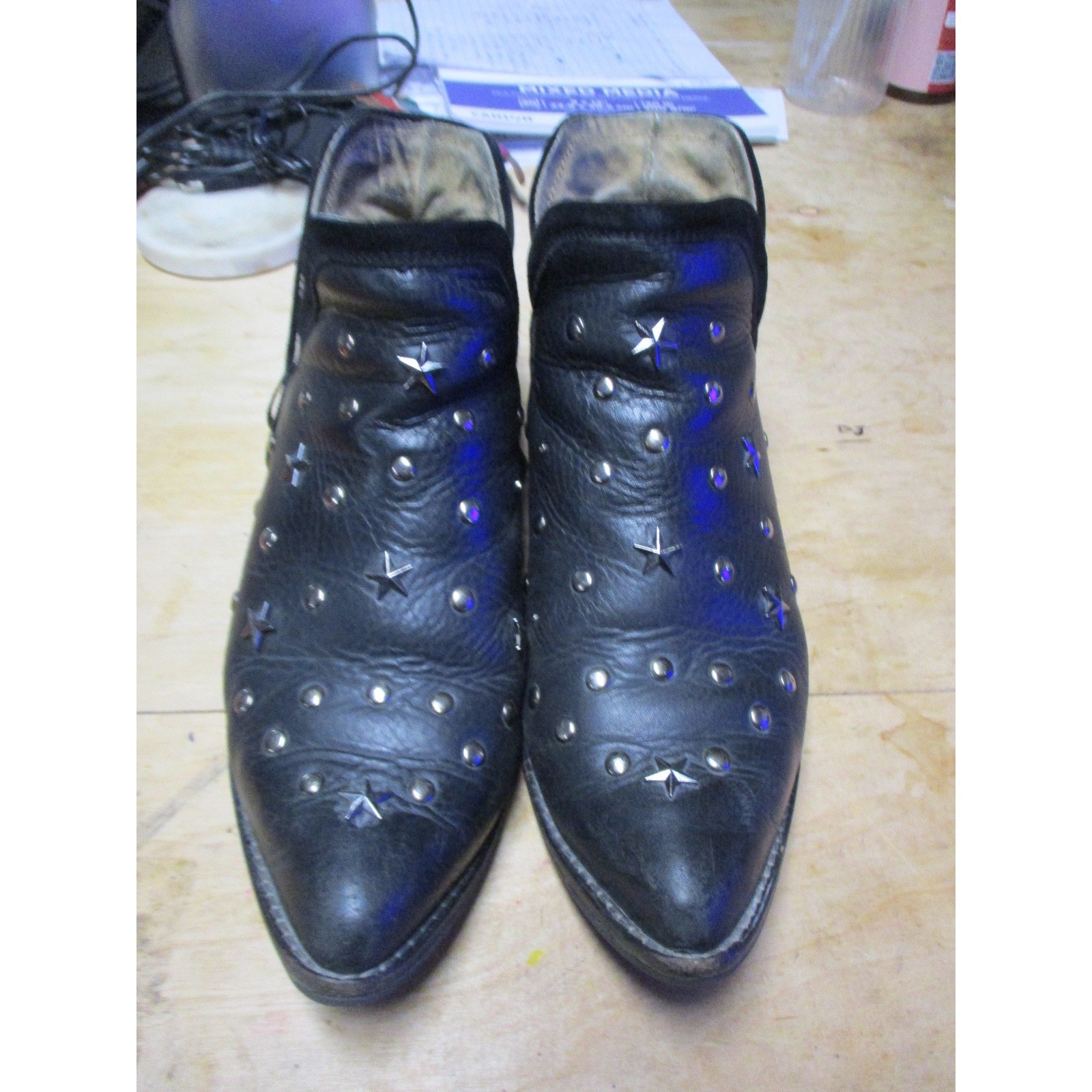 Black Leather Star Studded Pointed Toe Ankle Boots Leopard Print Lining Womens