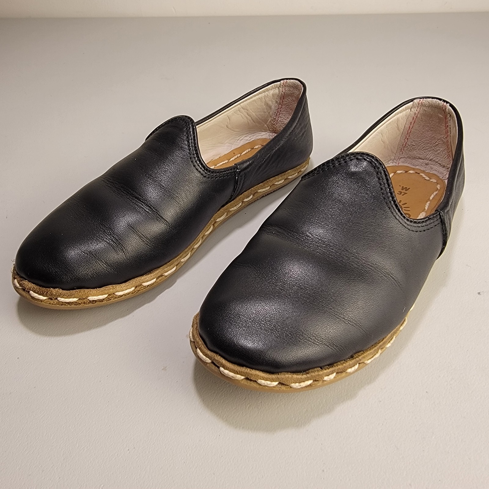Sabah Women’s Slip On Shoes/Flats Glove Black Leather, Handmade, EU 37 US 6-6.5
