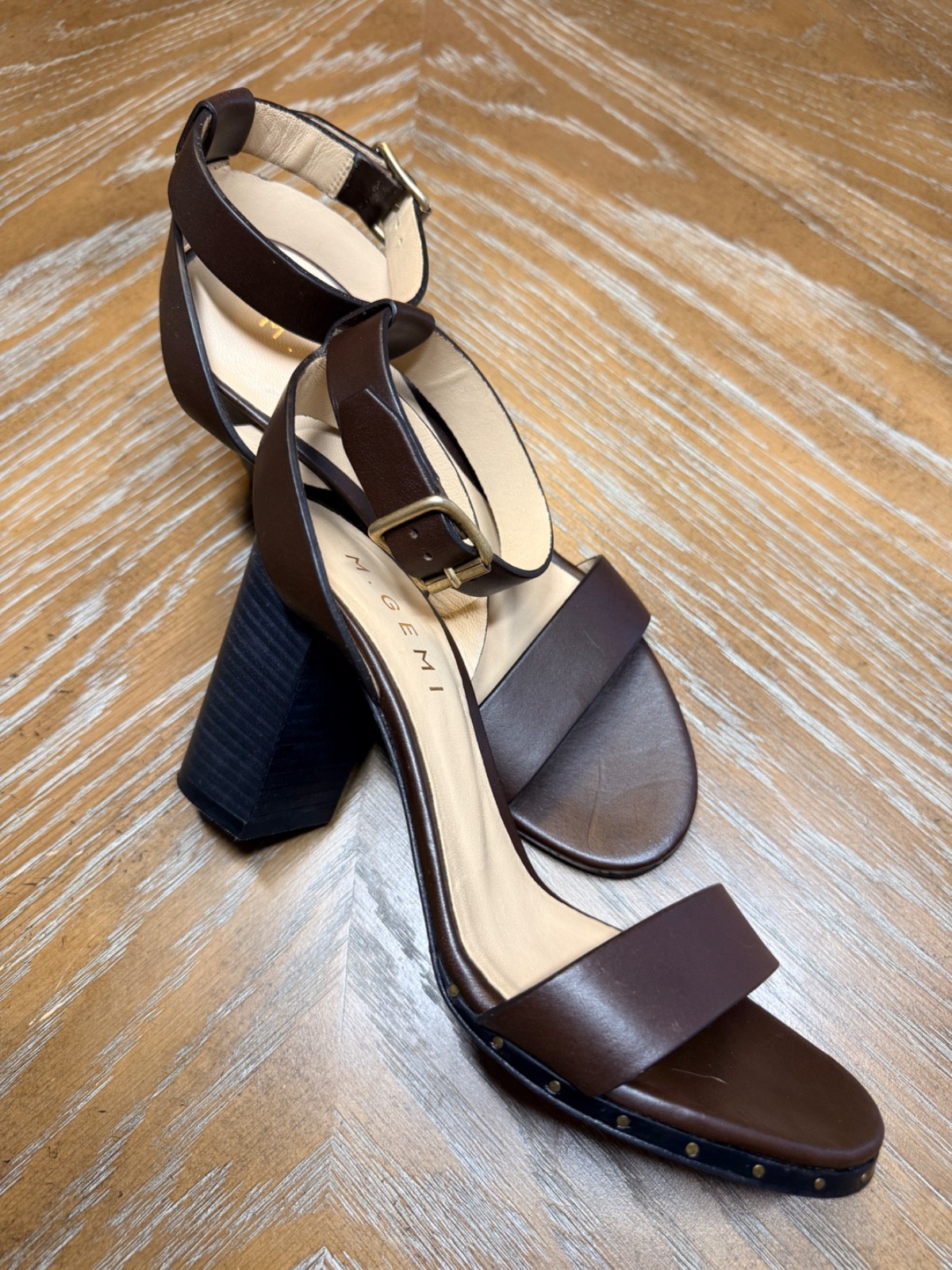M.Gemi The Lume Brown Leather Studded Ankle Strap Block Heel Sandals Size 36.5/6