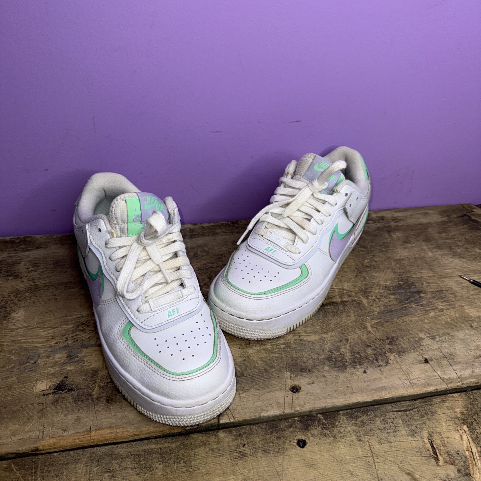 Nike Air Force 1 Shadow Womens Size 8 White Lilac Green Athletic Shoes Sneaker