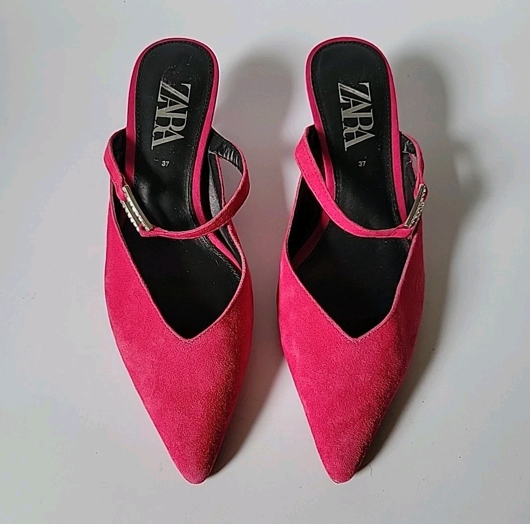 Zara Kitten Heel Point Toe Mules 7 Fuschia Pink Suede Chic Effortless Feminine