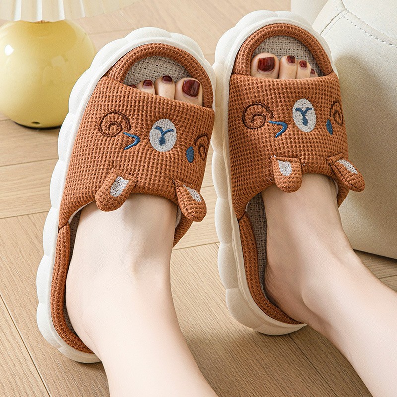 Cartoon Bear Rabbit Couple Slippers Open Toe Cotton Linen House Shoes