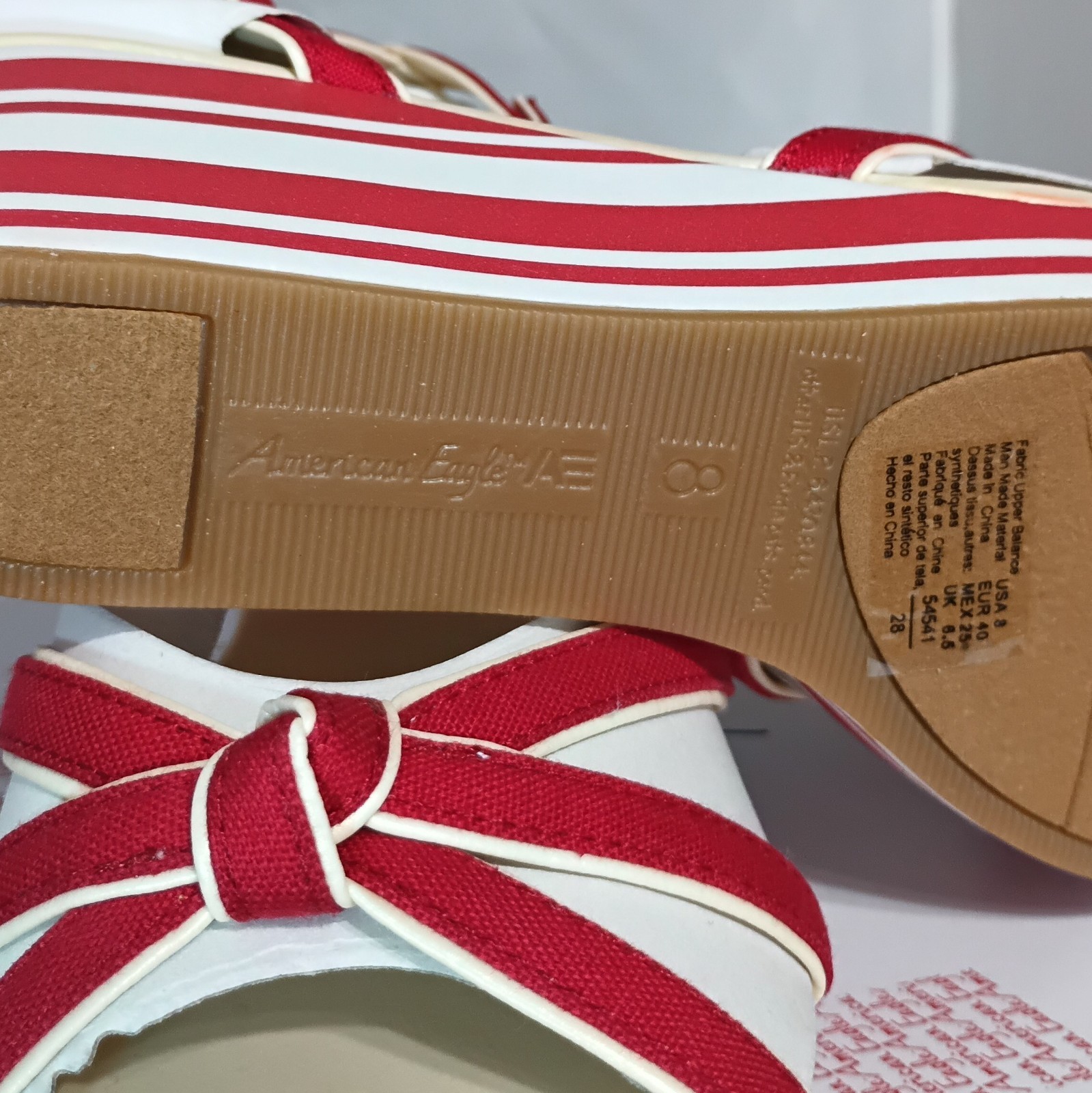 American Eagle 8 M Red White Sasha Eva Wedge Heel Stripe Strappy Shoe Summer