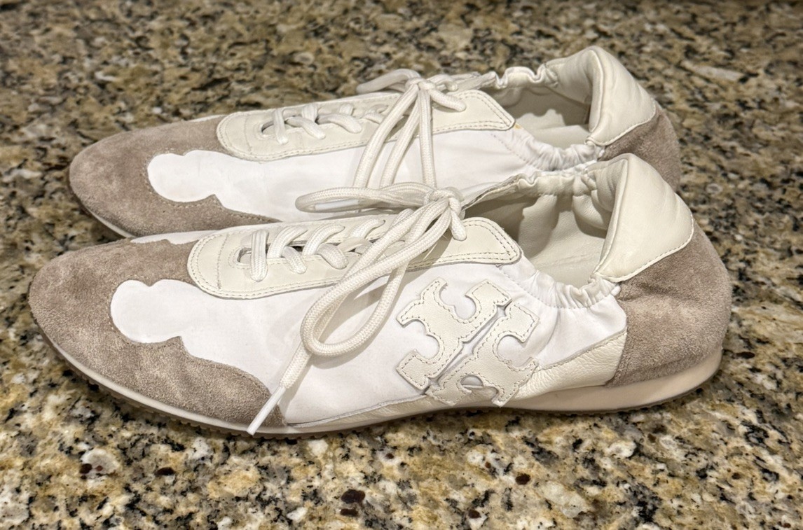 Tory Burch Women 9.5M Sneaker Nylon Calf Leather White Ivory Cerbiatto 100 Shoes